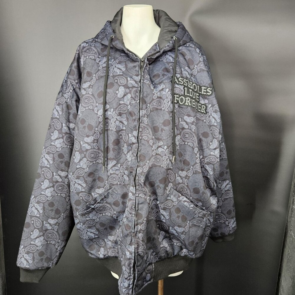 A$$holes Live Forever Jacket Mens XL Gray Hooded Skull Paisley Bomber Zip Gothic